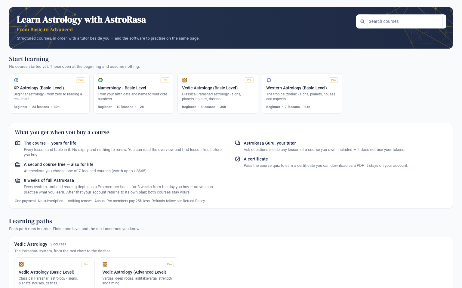 The AstroRasa Academy with courses and learning paths