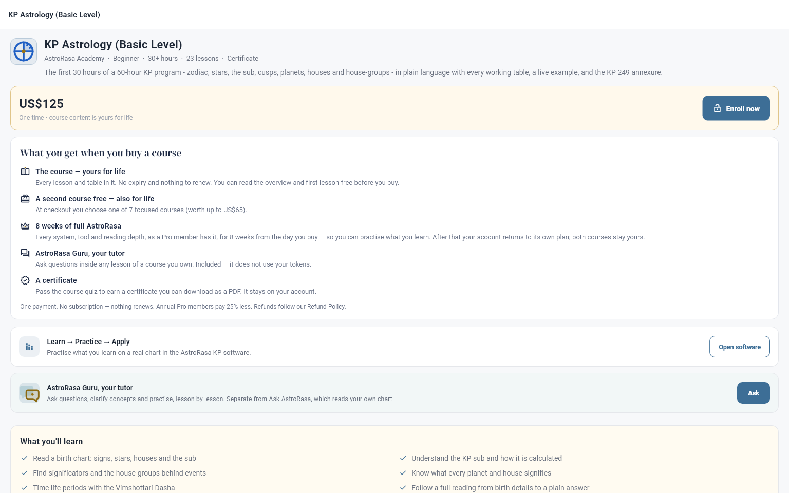 A course page showing the price and what a purchase includes